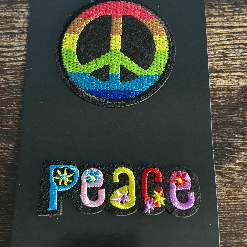 Rainbow Peace Sign & Text Iron On Embroidered Patches 2 Pack Retro Hippie